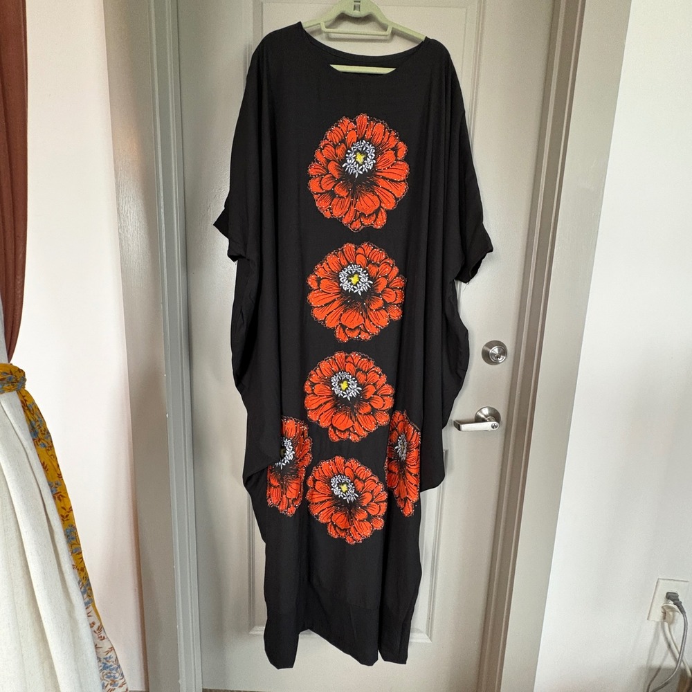 Unbranded Oversized Kaftan Dress Beaded Floral Graphic Black One Size